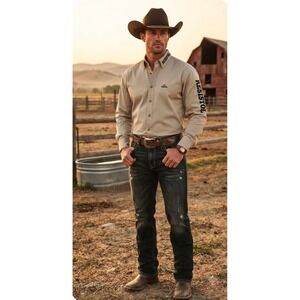 Resistol Mens Western Button Down Shirt Tan Khaki Cotton Long Sleeve Logo L